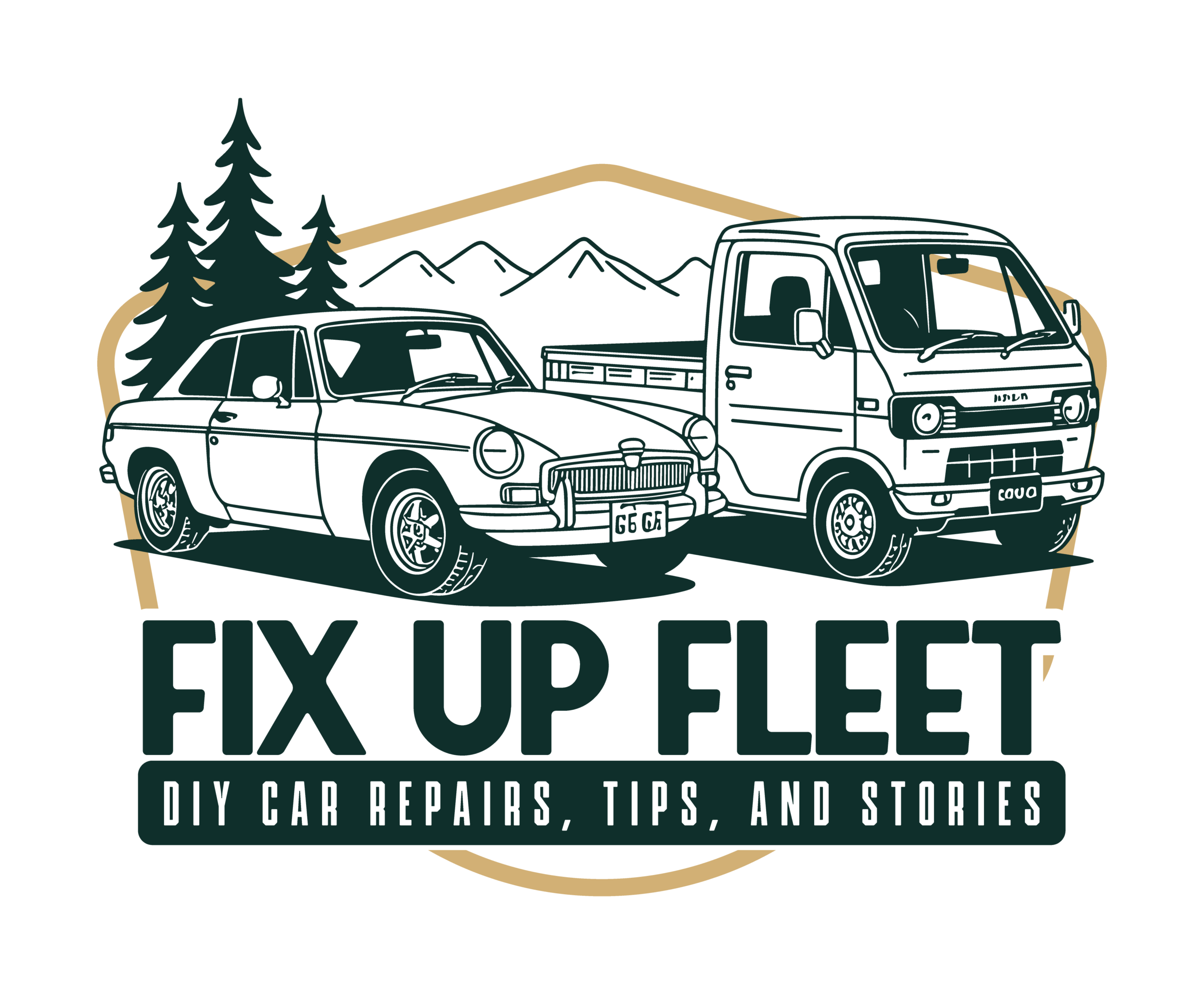 An illustration of a MGB GT and Japanese kei truck in front of a mountain and trees, with the tagline "DIY car repairs, tips, and stories".